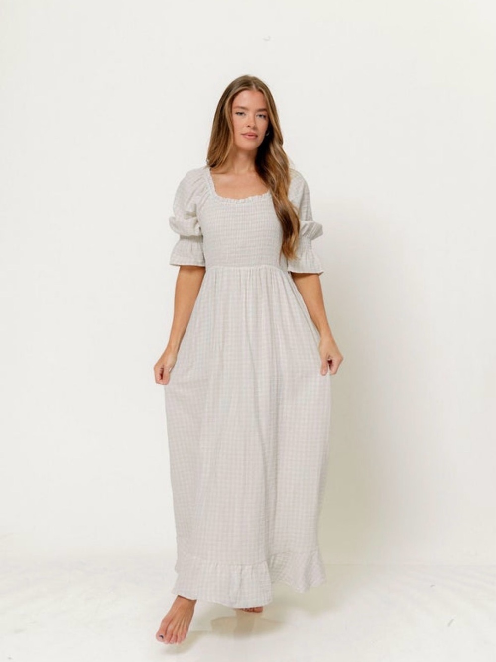 Cream Gingham Puff-Sleeve Maxi Dress